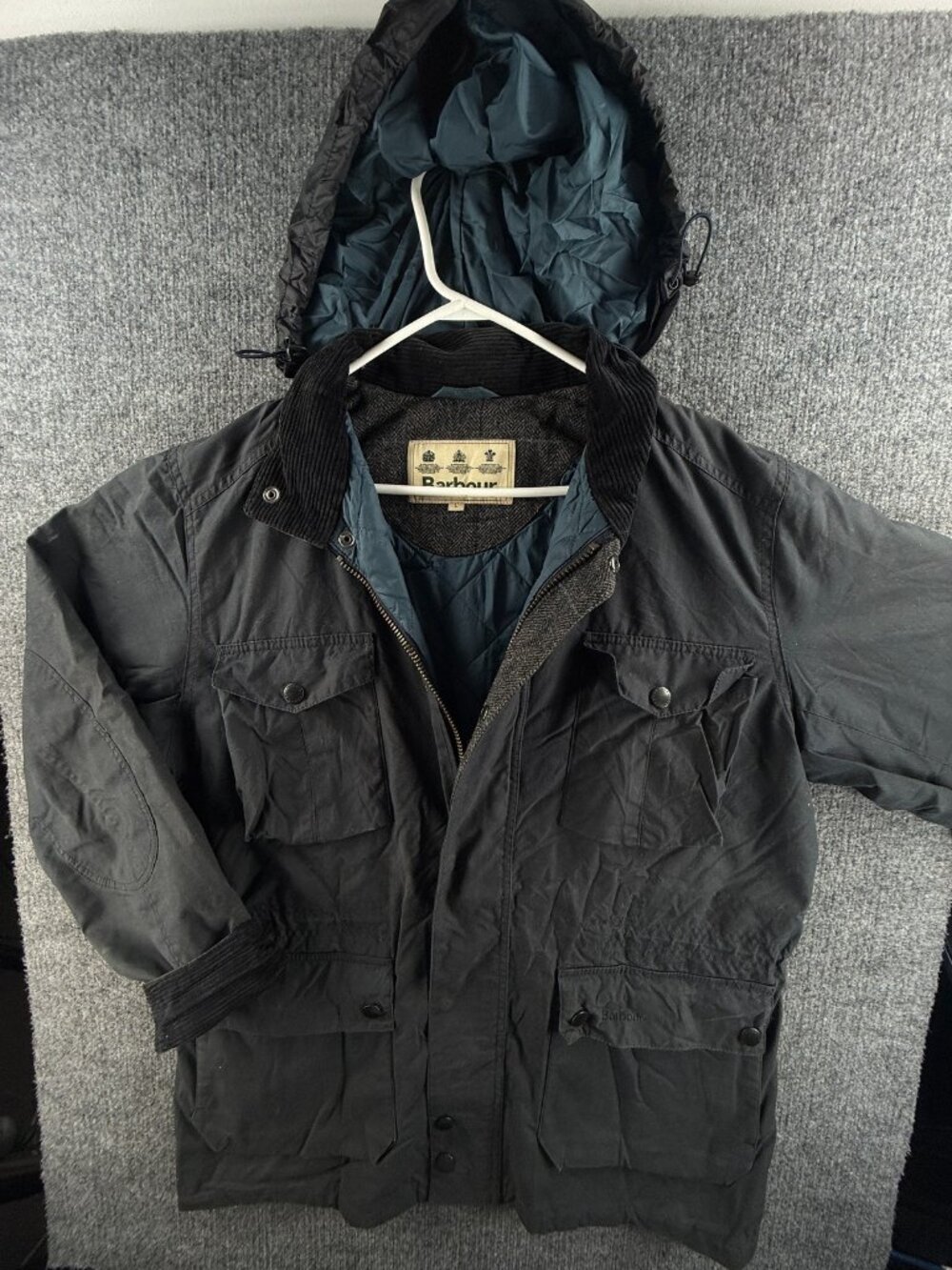 Barbour Newcastle Waxed Jacket Stow Hood Wax Cotton Canvas Blue Large Full Zip
